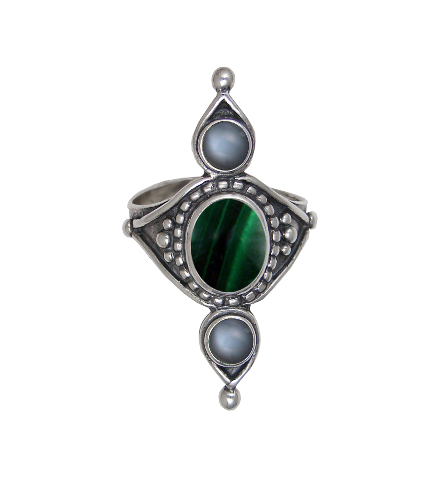 Sterling Silver Royal Ring With Malachite And Grey Moonstone Size 10